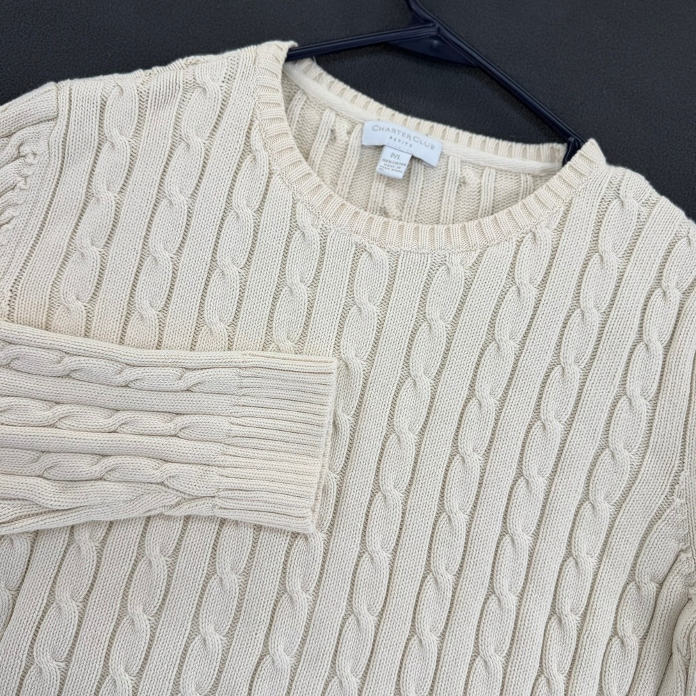Vintage 90s Charter Club Petite Cable Knit Crewneck Sweater Ivory Cream P/L